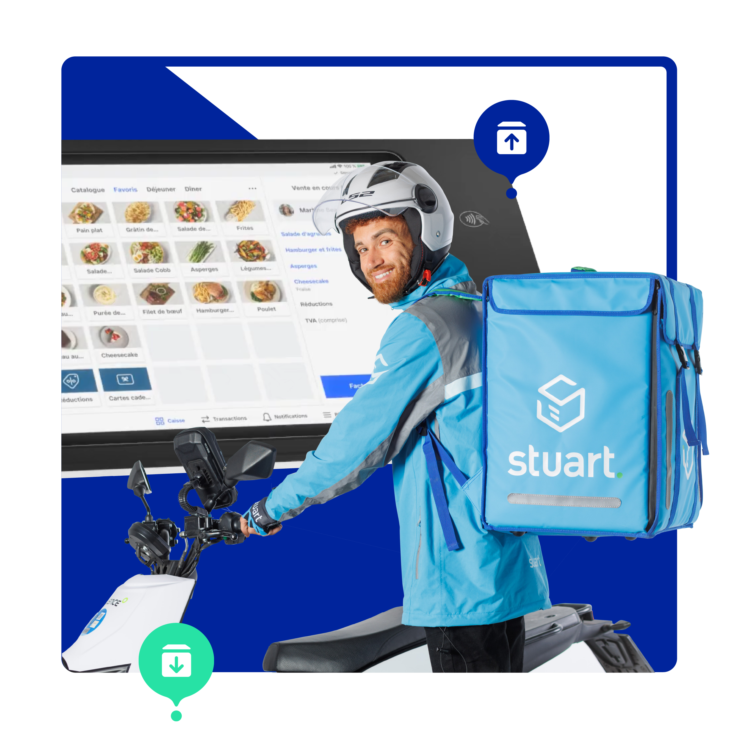 Courier smiling and restaurant soft on the background