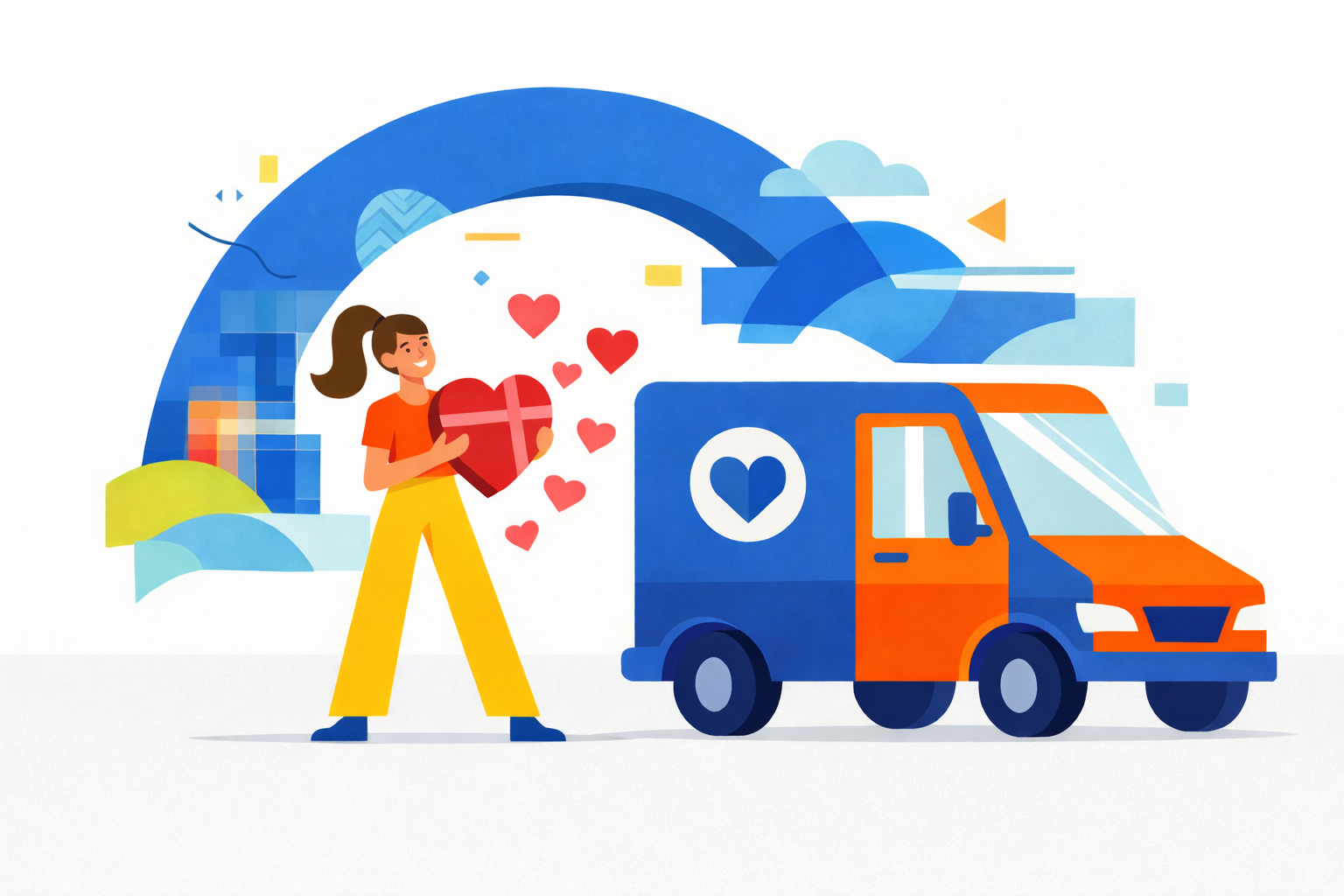 Woman holding a heart-shaped gift next to a delivery van under a blue arch.
